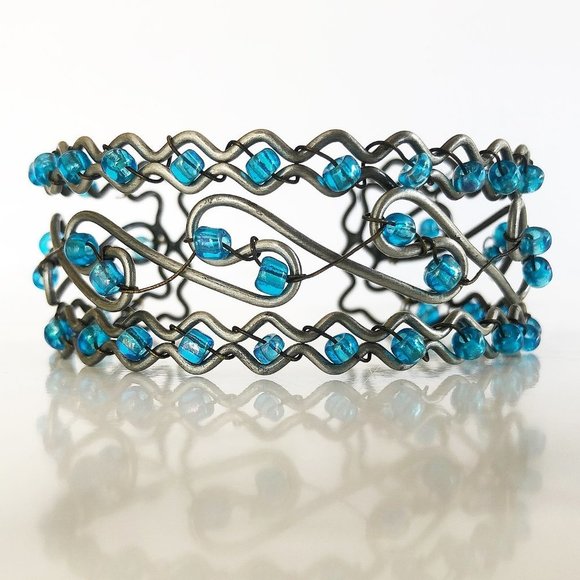 Vintage Silver Wired & Beaded Turquoise Wave Cuff Bracelet - Picture 2 of 4